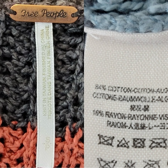 Free People Striped Open Knit Oversized Pullover Sweater Grey SZ Small - Picture 6 of 6